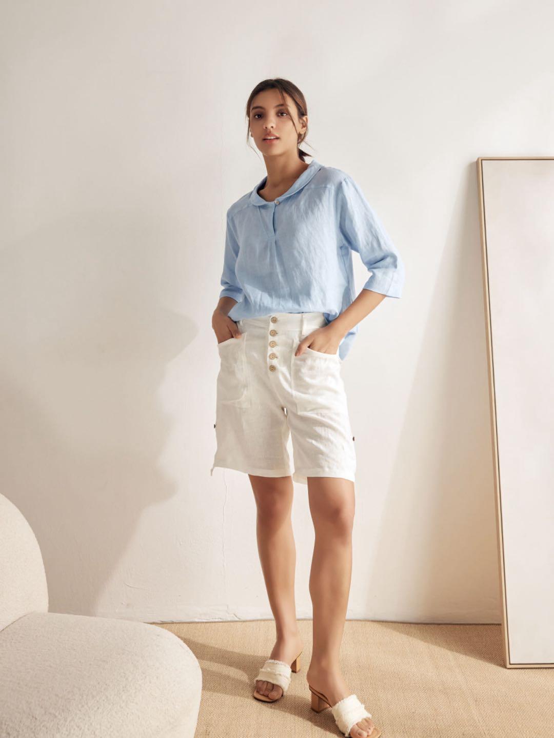 100% Linen V-Neck Three-Quarter Sleeve Blouse