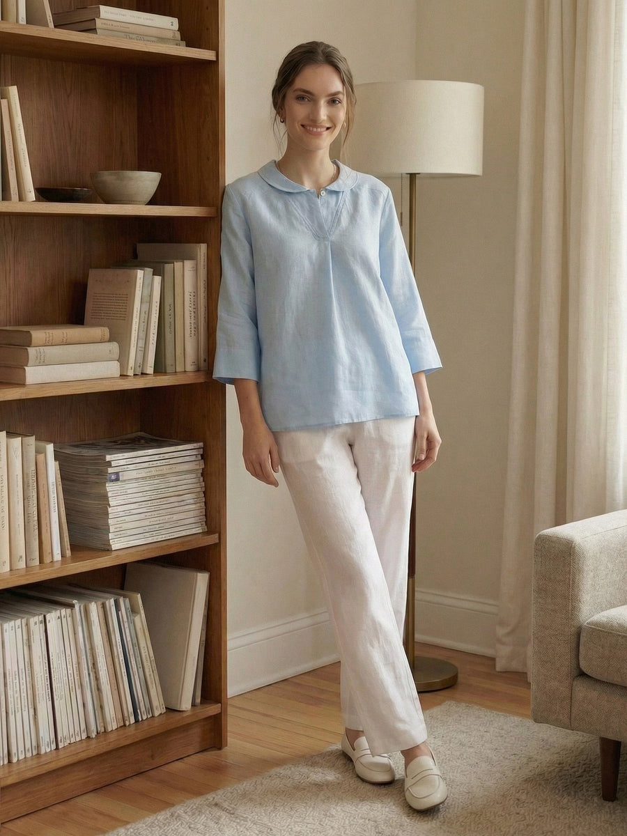 100% Linen V-Neck Three-Quarter Sleeve Blouse
