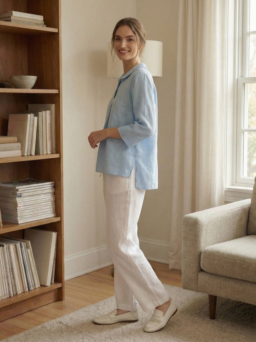 100% Linen V-Neck Three-Quarter Sleeve Blouse