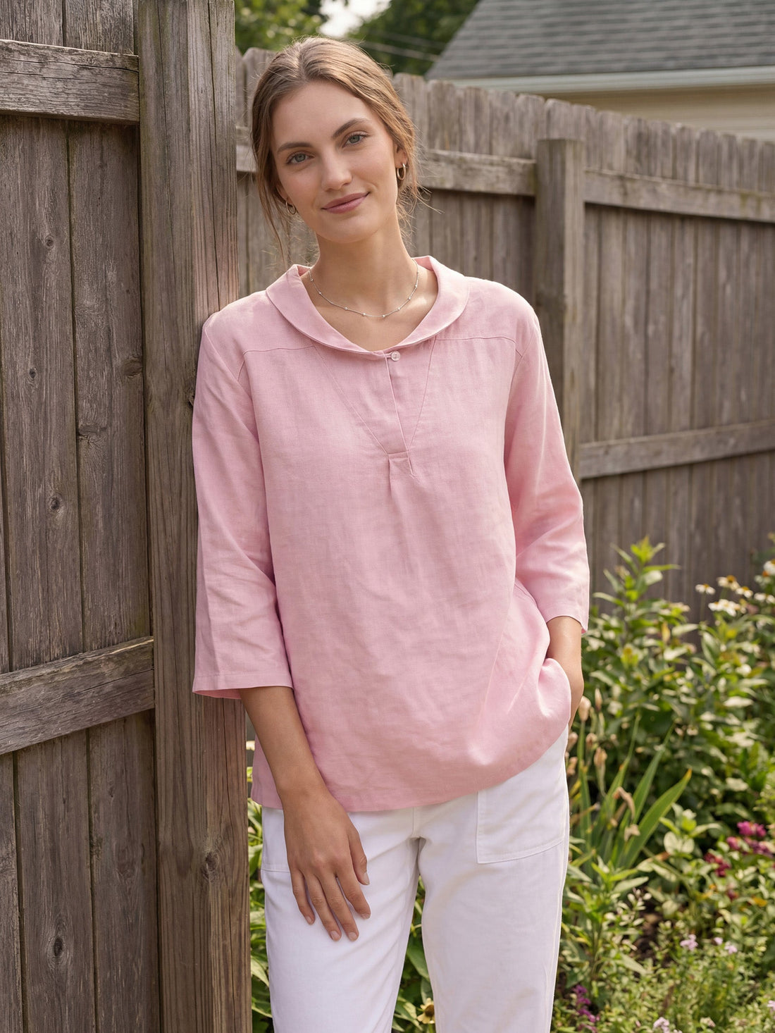 100% Linen V-Neck Three-Quarter Sleeve Blouse