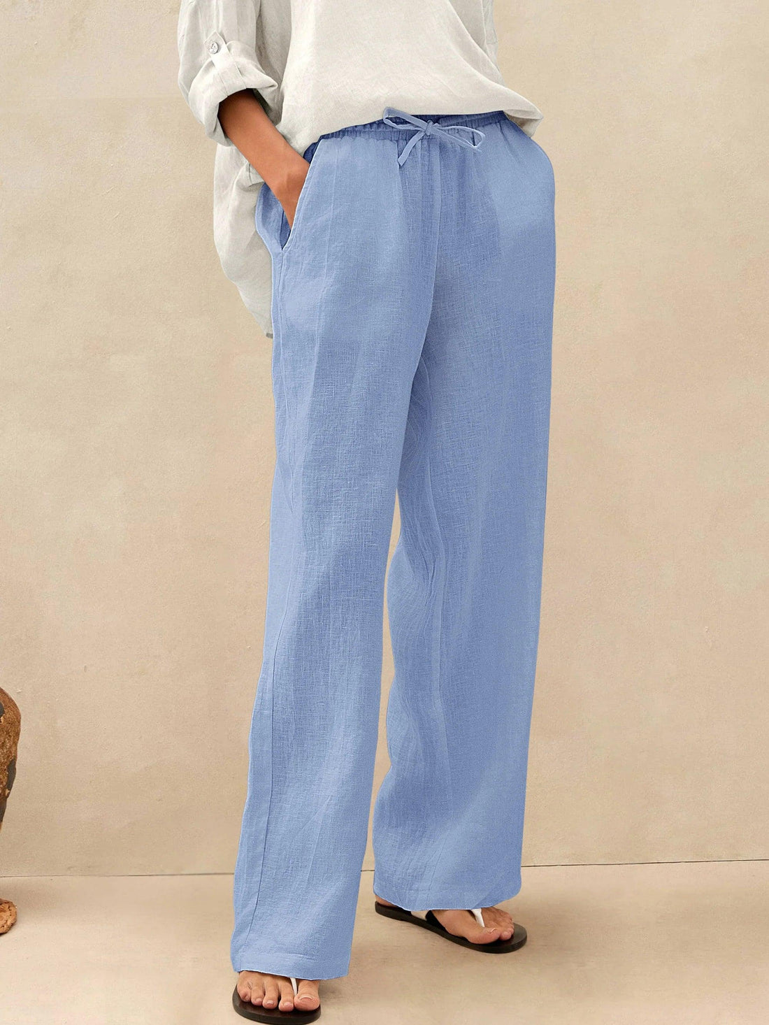 100% Linen Full-Elastic Waist Straight-Leg Pants