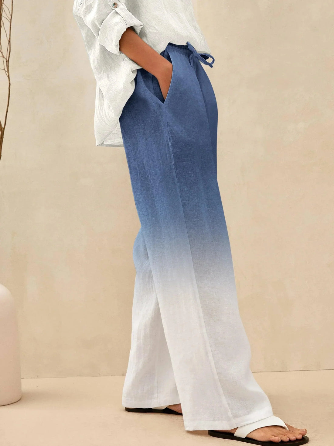 100% Linen Full-Elastic Waist Straight-Leg Pants