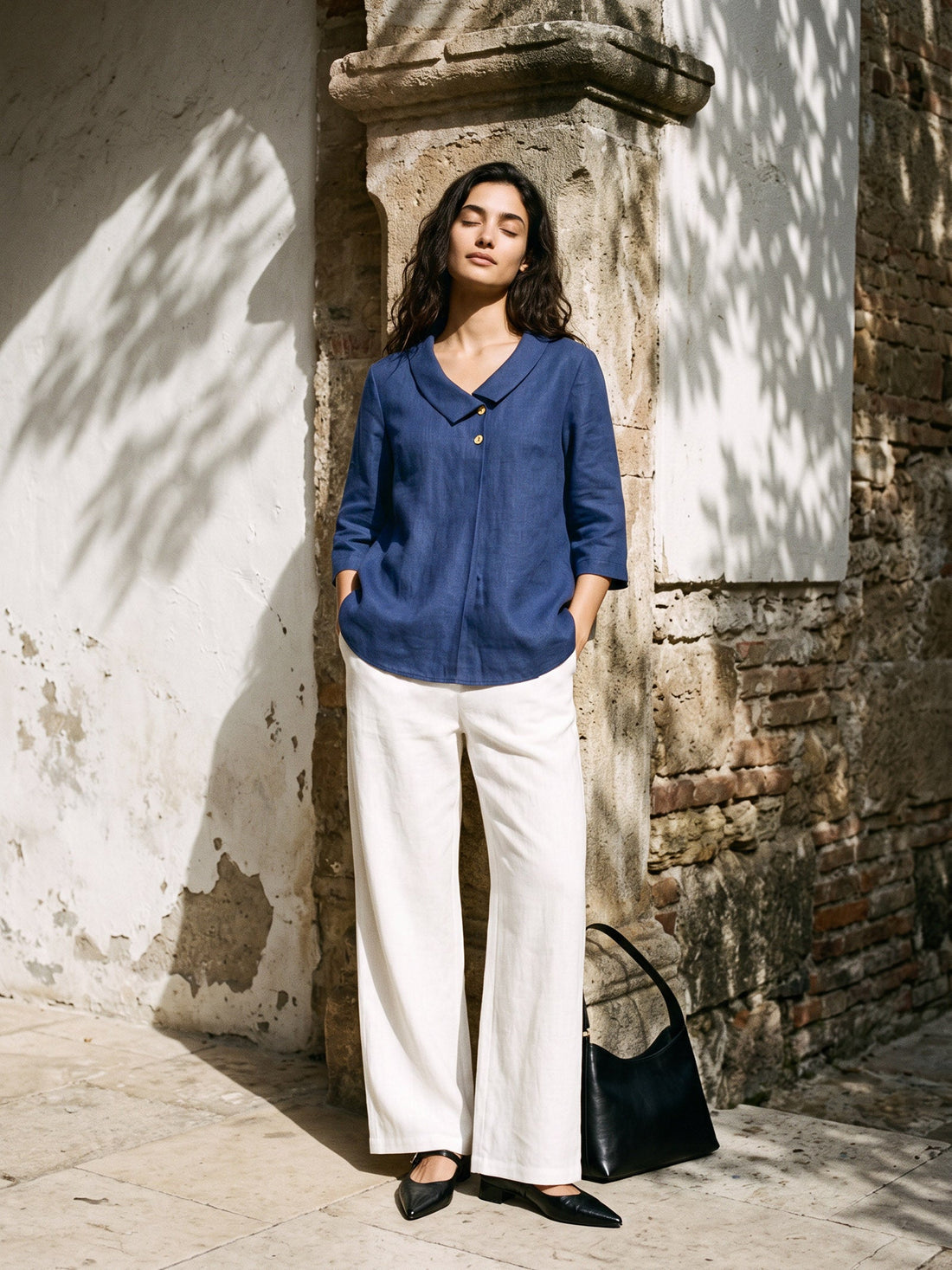 100% Linen Full-Elastic Waist Straight-Leg Pants