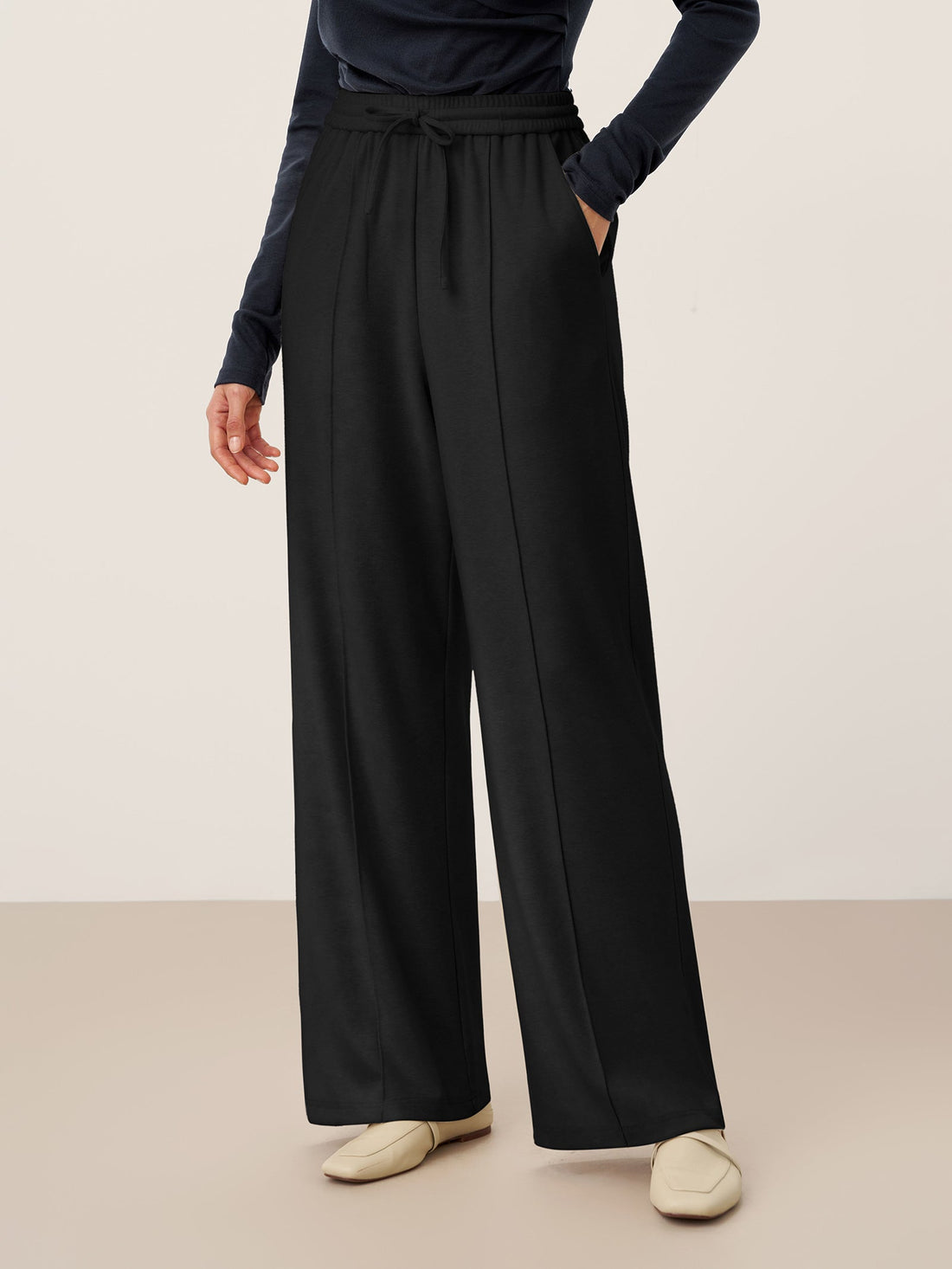 Wool Straight Leg Trousers with Elastic Waist
