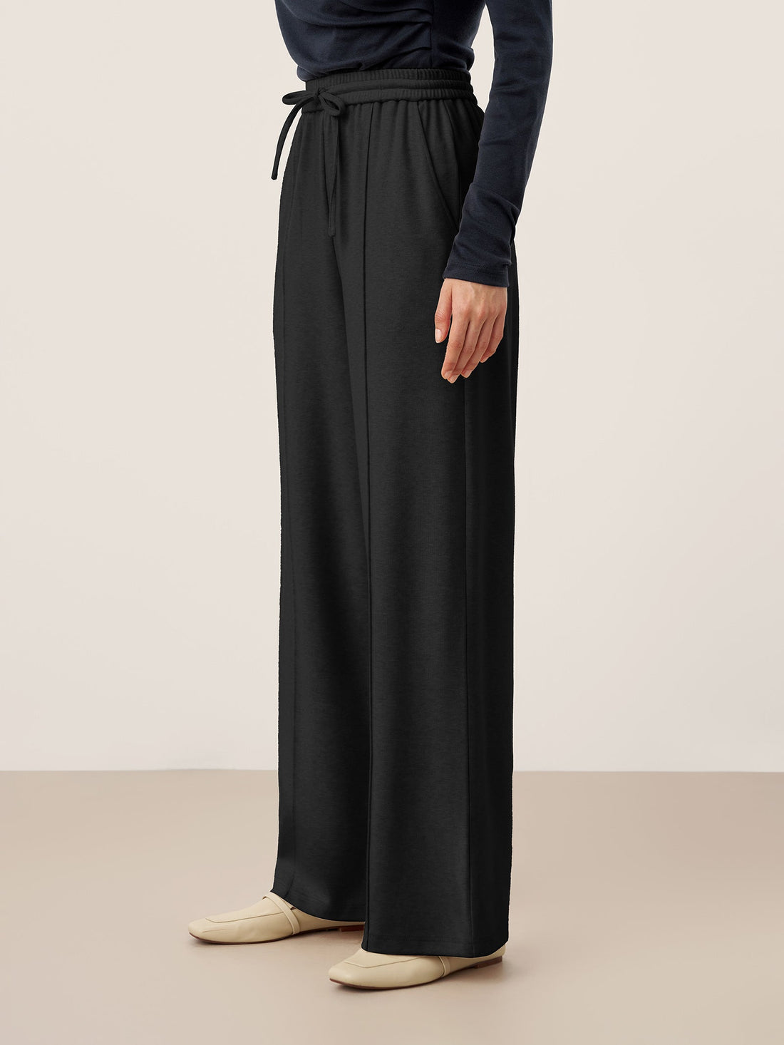 Wool Straight Leg Trousers with Elastic Waist