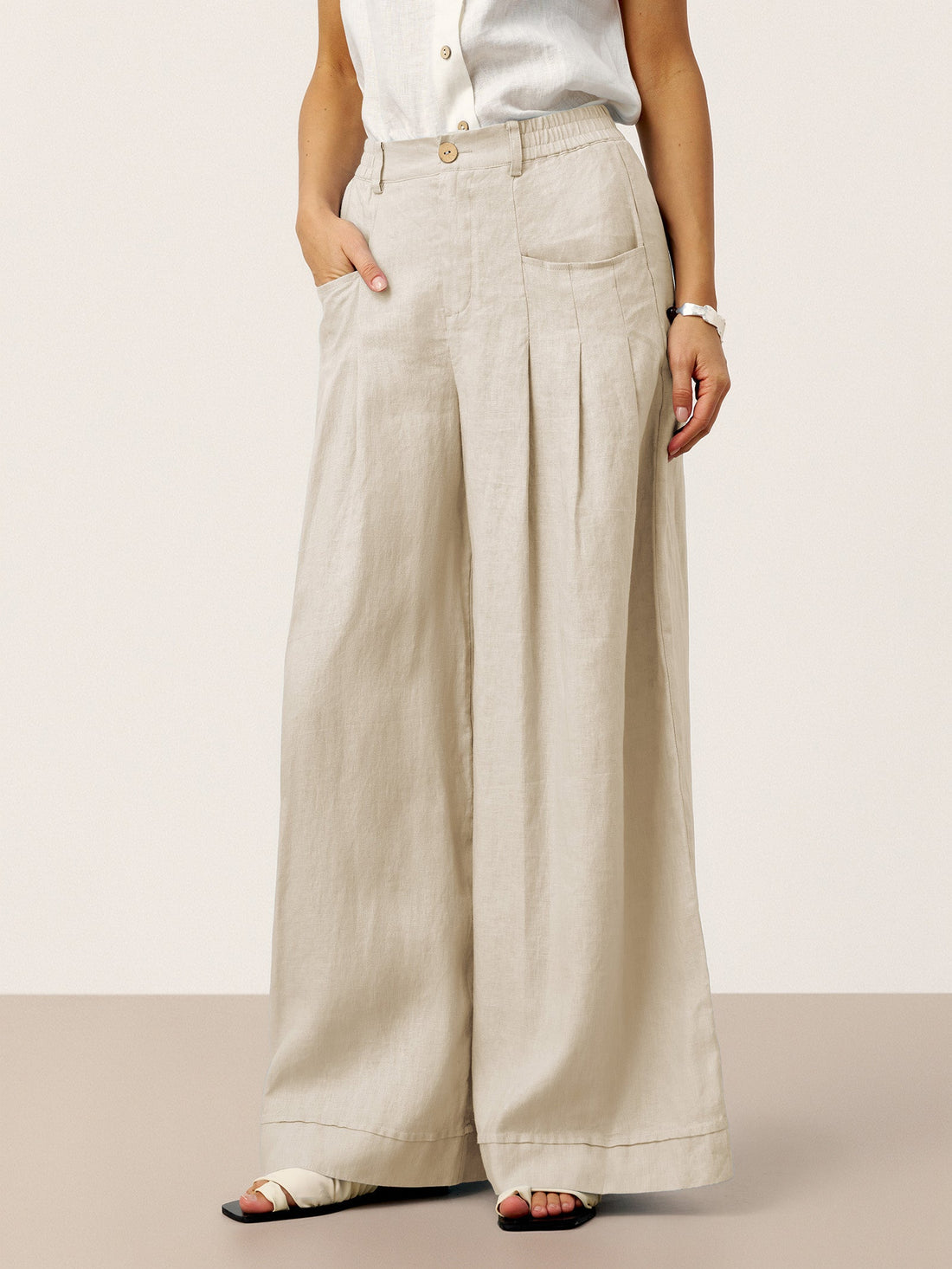 Linen Wide-Leg Pants with Welt Pockets