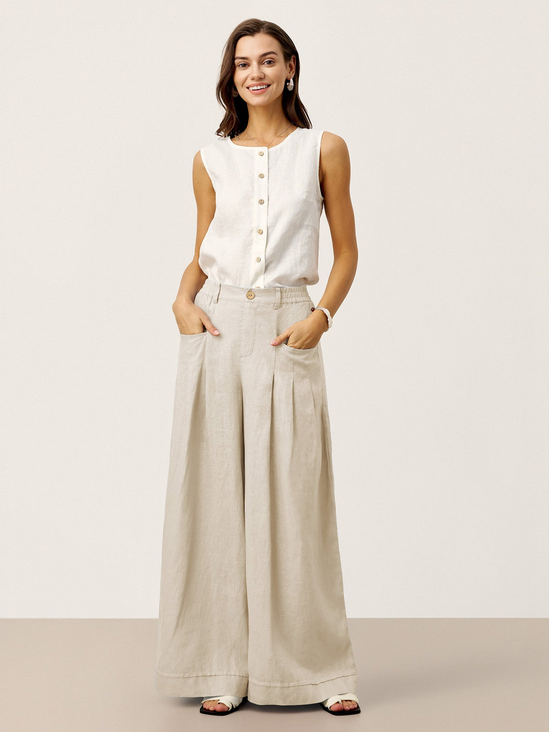 Linen Wide-Leg Pants with Welt Pockets