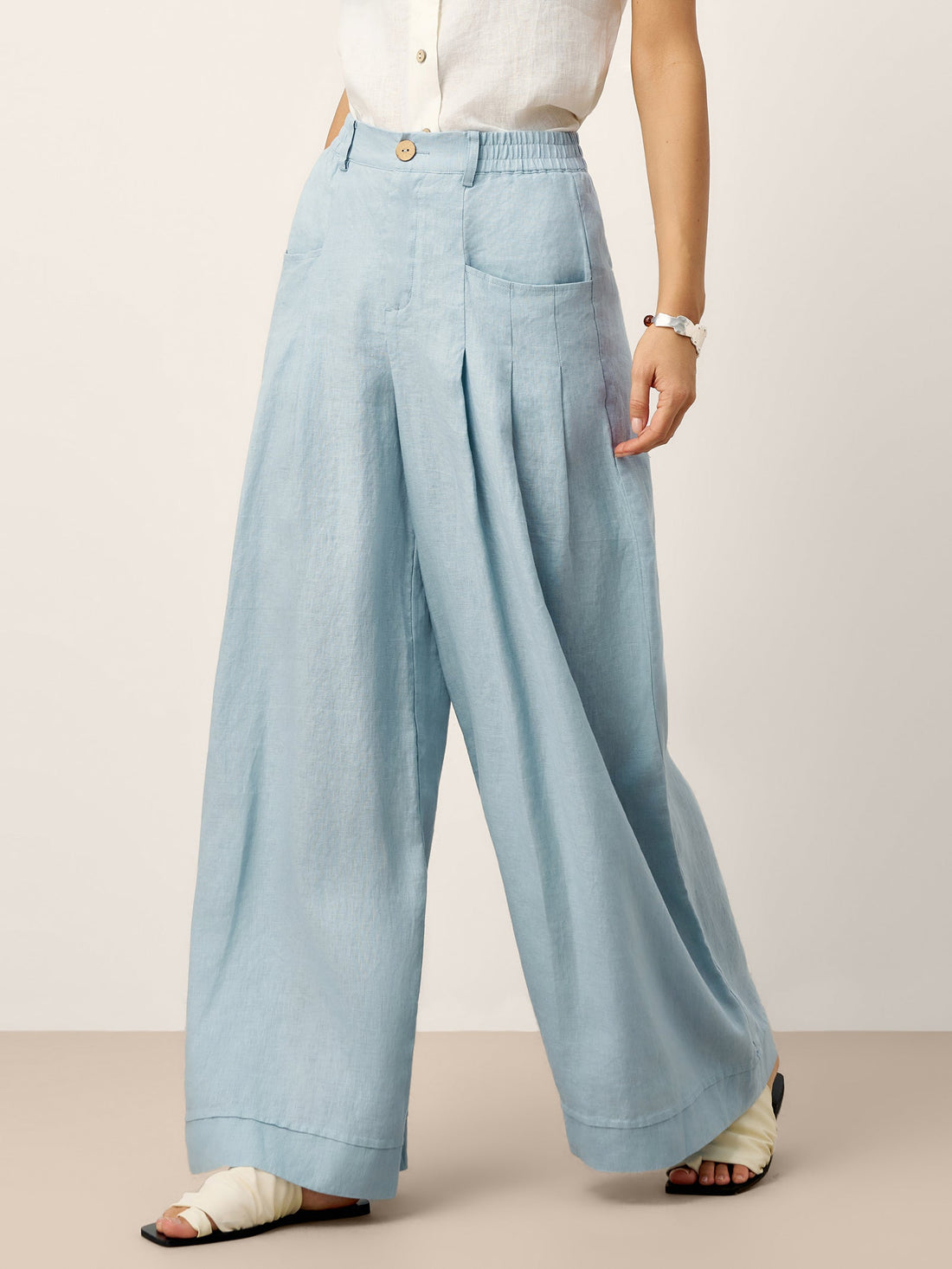 Linen Wide-Leg Pants with Welt Pockets