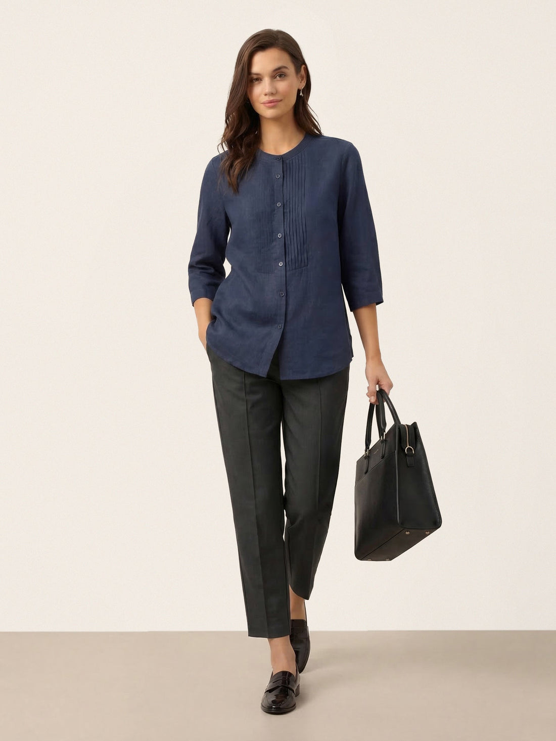 Linen Blend Tailored Straight-Leg Pants