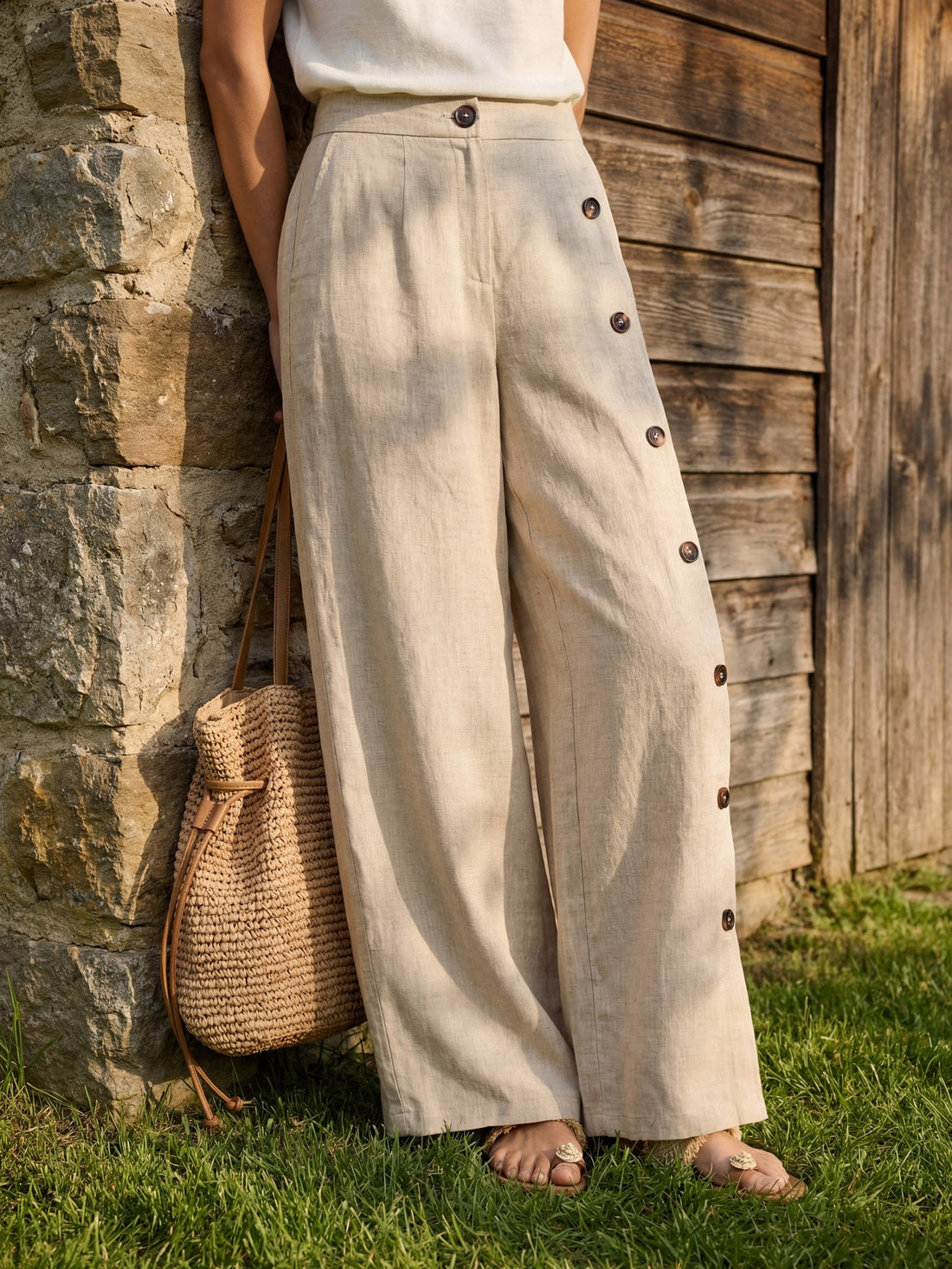 100% Linen High-Rise Straight-Leg Pants