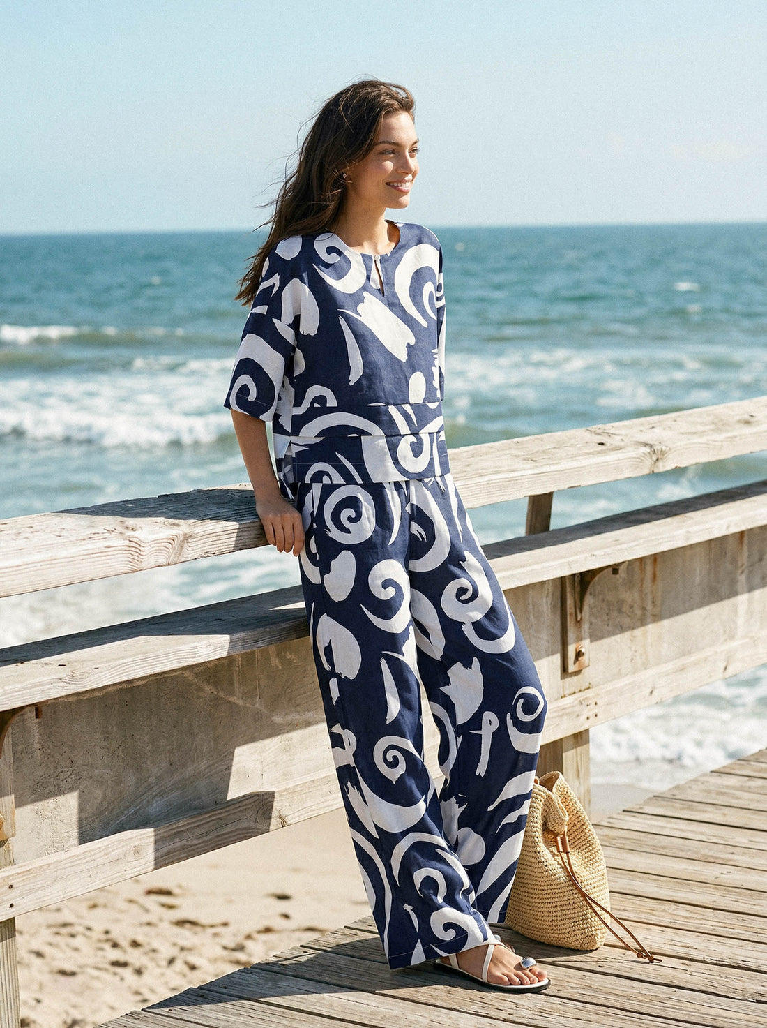 Linen Blend Mid Rise Straight Leg Pants