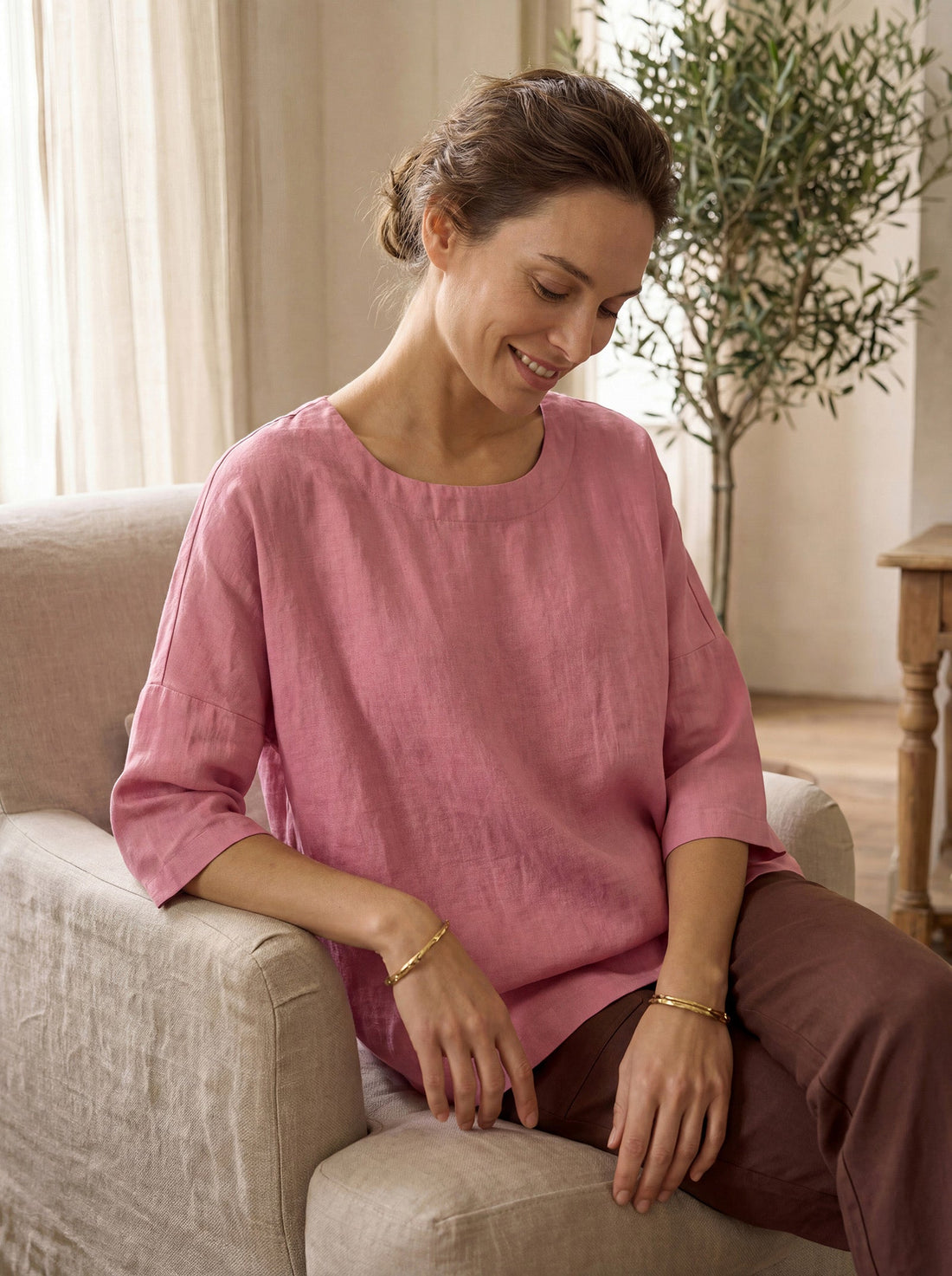 100% Linen Round Neck Oversized Blouse