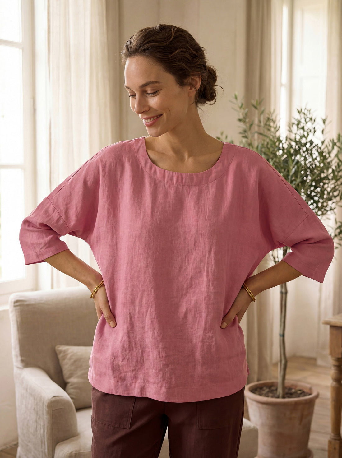 100% Linen Round Neck Oversized Blouse