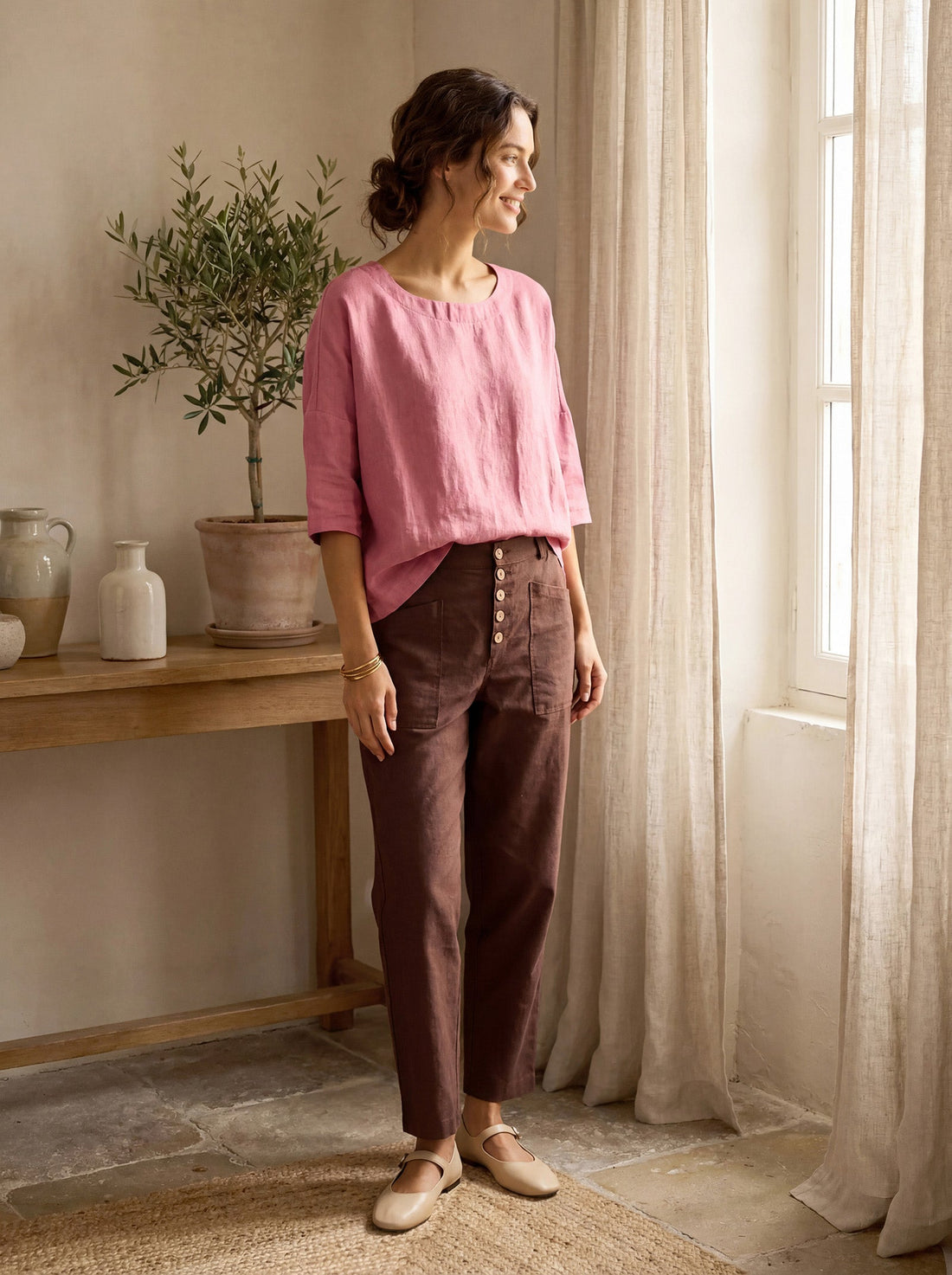 Linen-Blend Patch-Pocket Straight-Leg Trousers