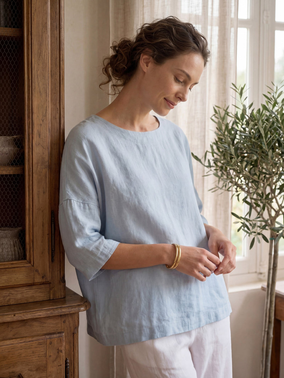100% Linen Round Neck Oversized Blouse