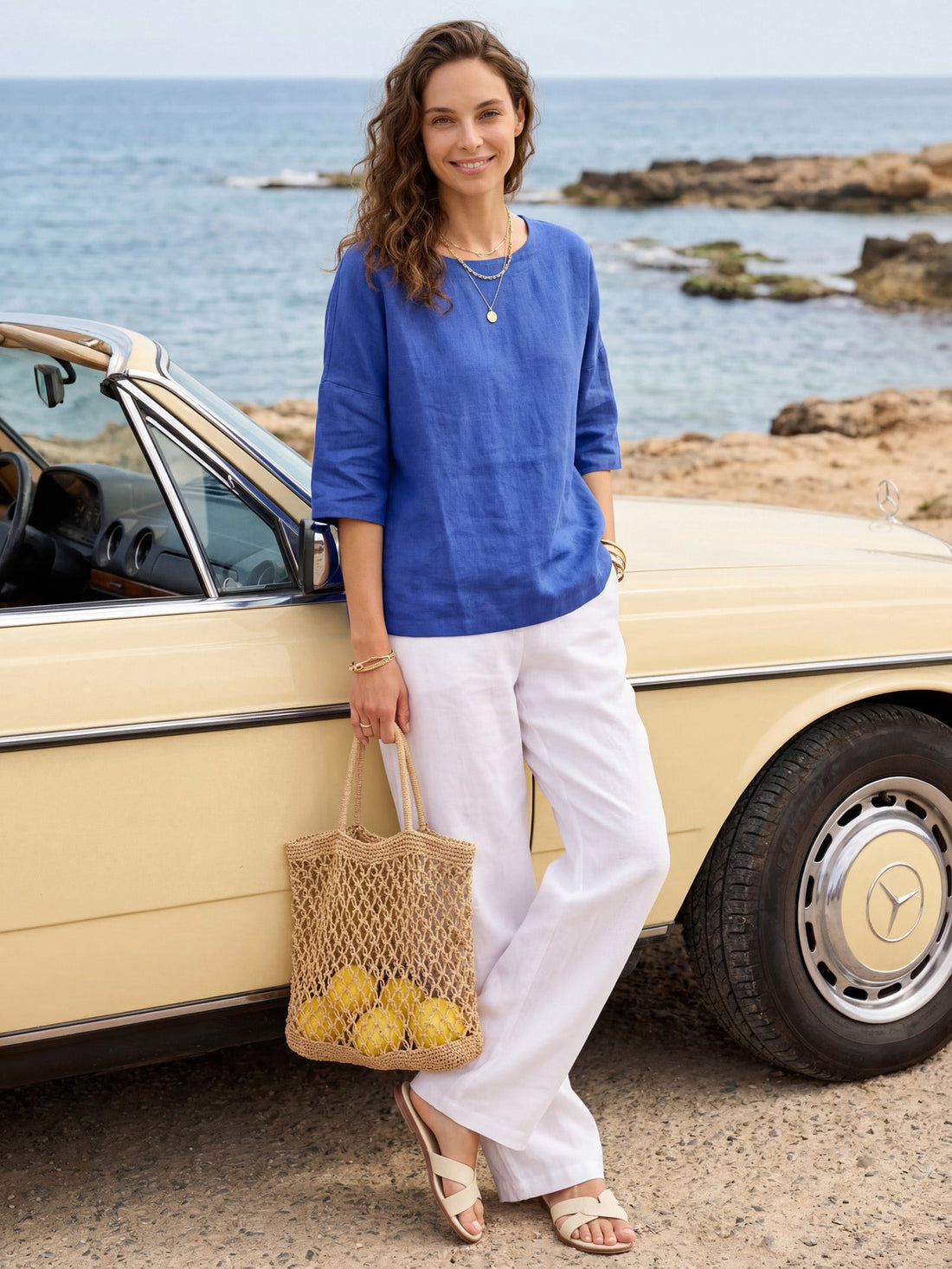 100% Linen Round Neck Oversized Blouse
