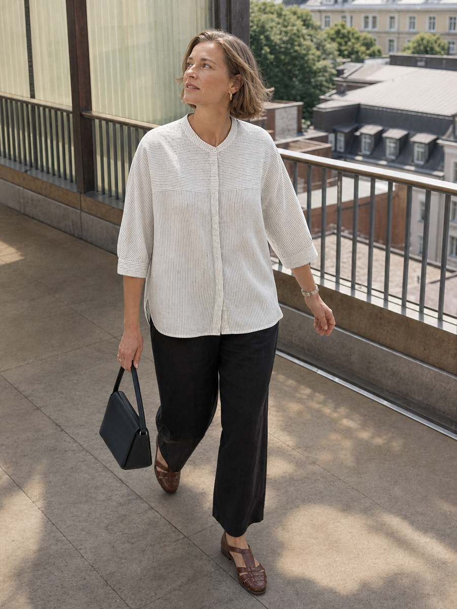 100% Linen Striped Three-Quarter Sleeve Shirt