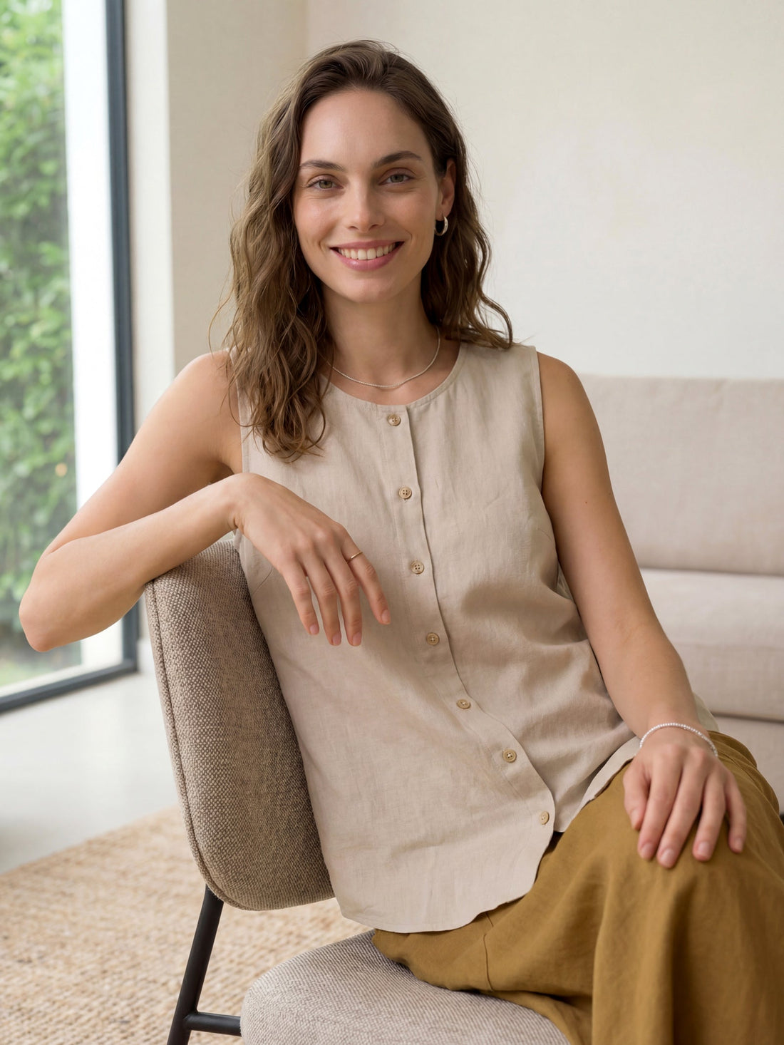 100% Linen A-Line Round Neck Tank Top