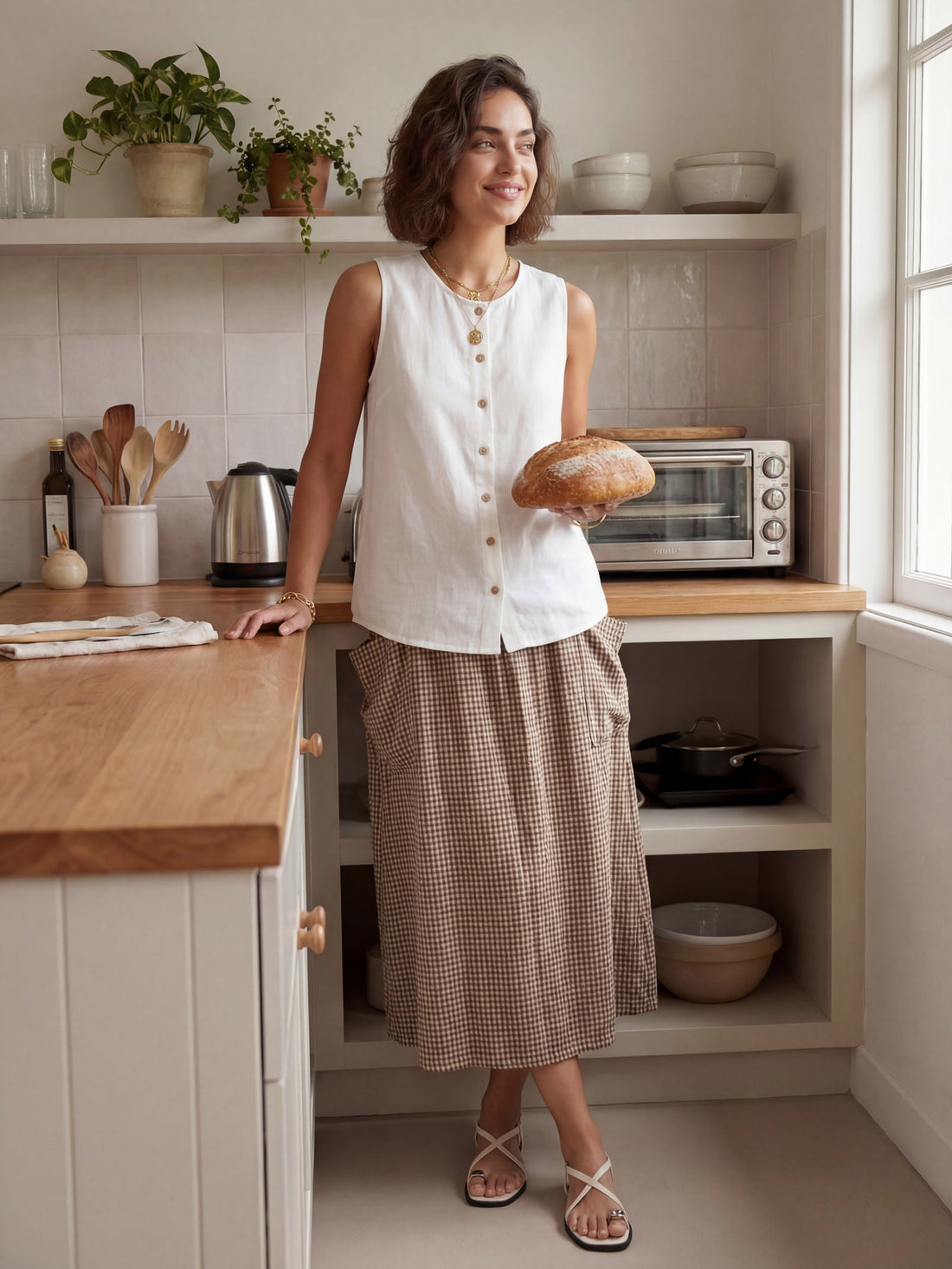 75% Linen A-Line Midi Skirt with Patch Pockets