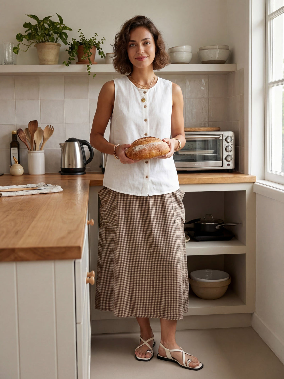 75% Linen A-Line Midi Skirt with Patch Pockets
