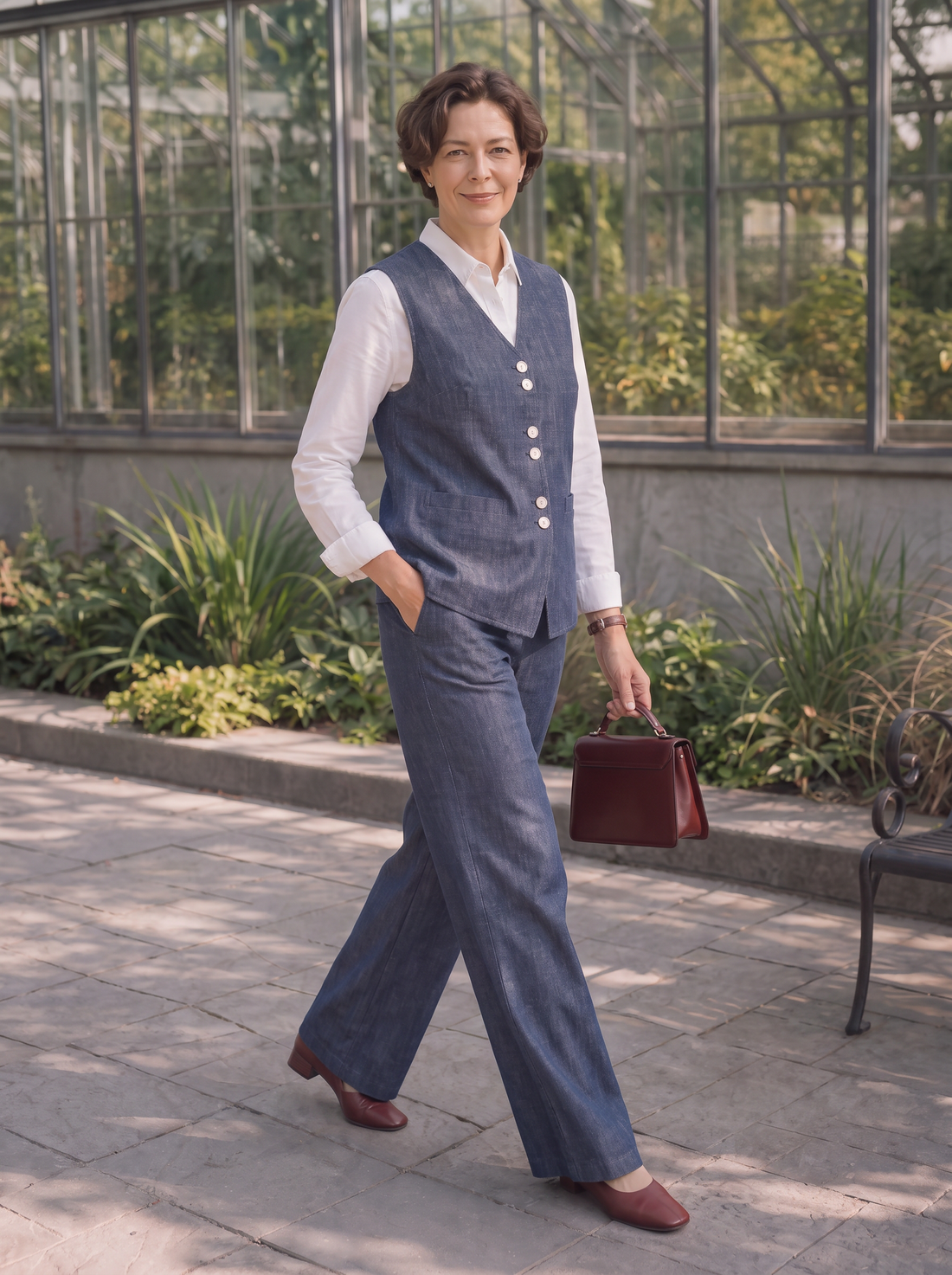 100% Linen Reversible Denim-Texture V-Neck Vest
