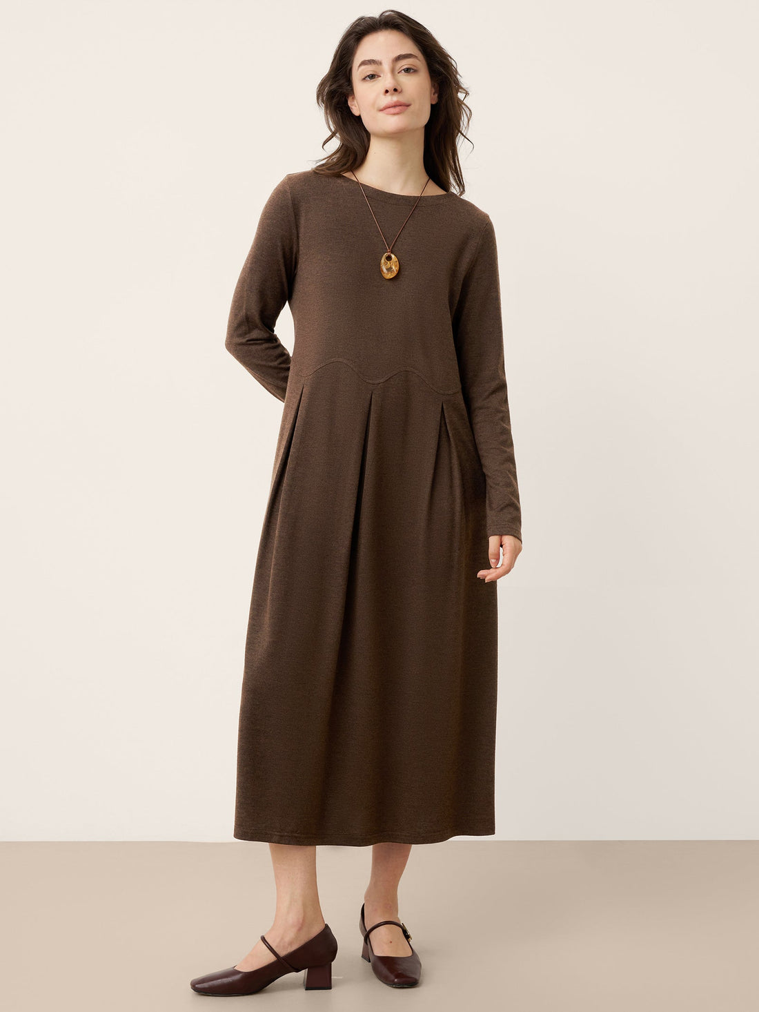 Wool Blend Pleated Round Neck Midi Dress