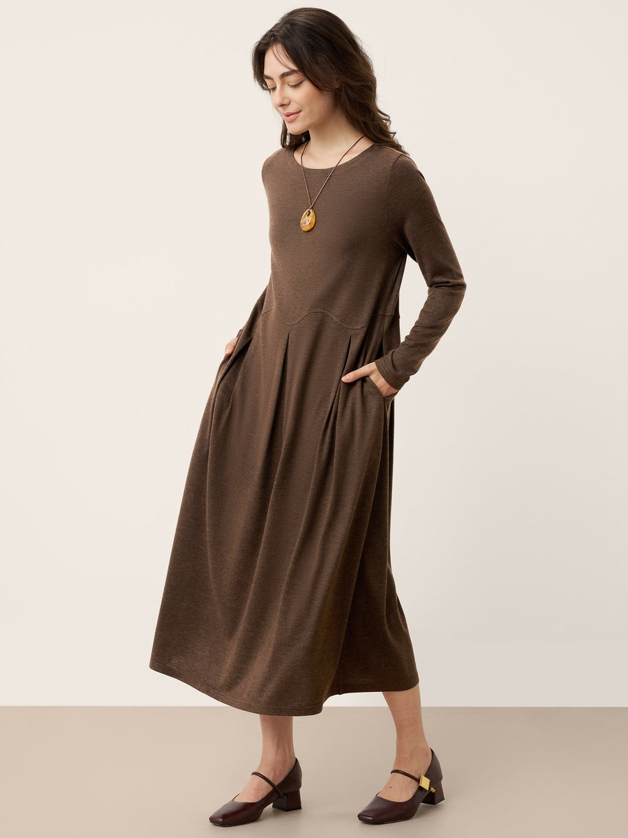 Wool Blend Pleated Round Neck Midi Dress