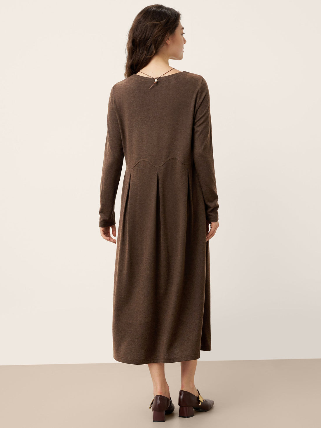 Wool Blend Pleated Round Neck Midi Dress