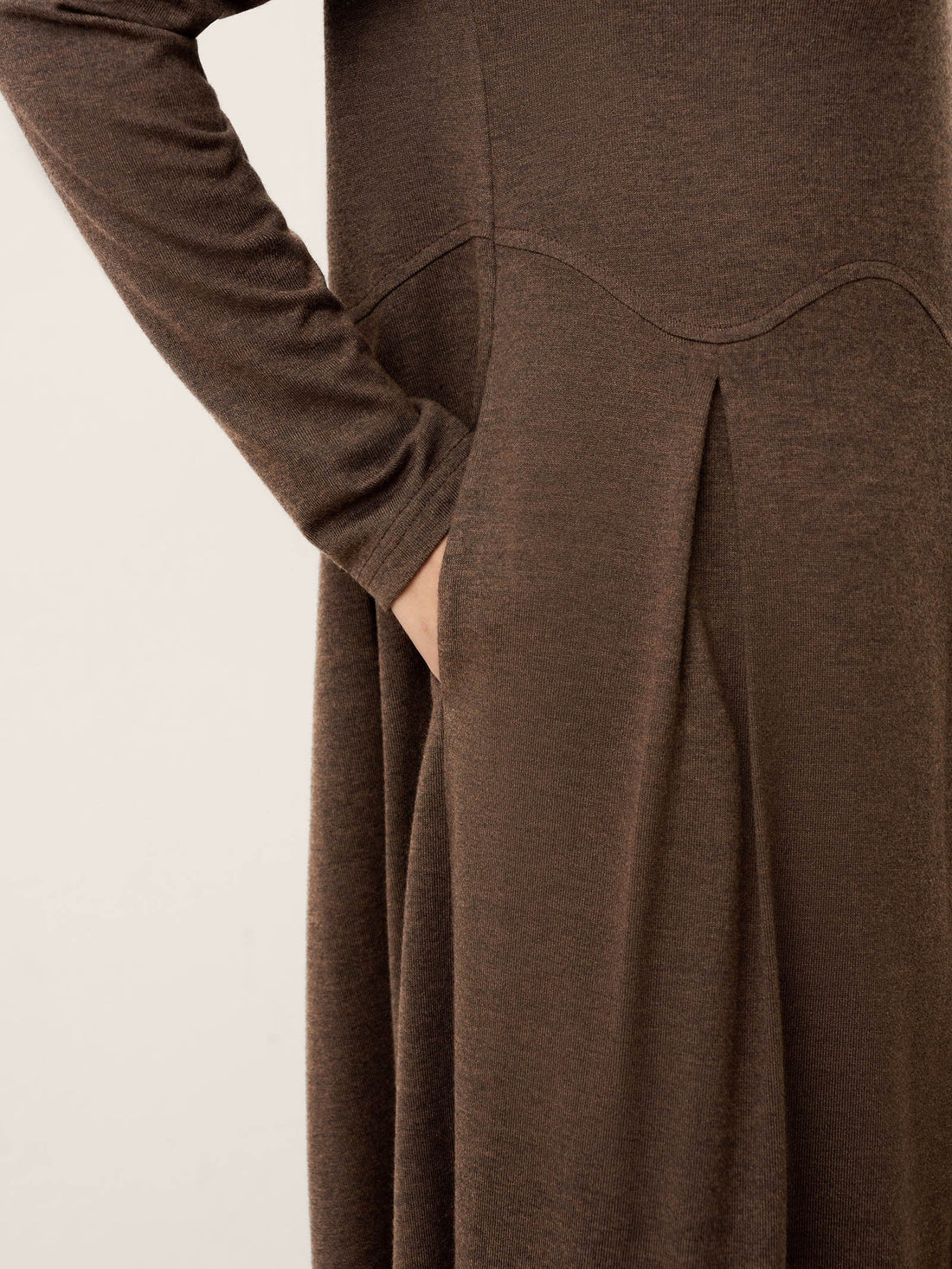 Wool Blend Pleated Round Neck Midi Dress
