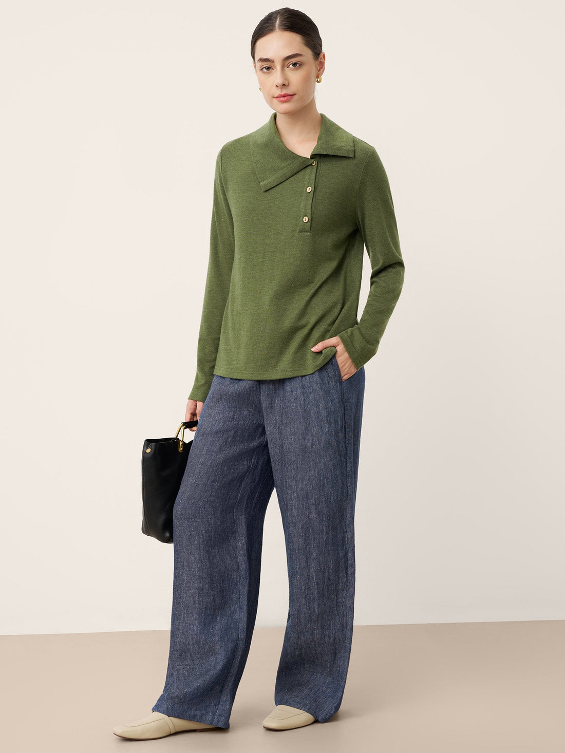 Wool Blend Asymmetric Button Jersey Top