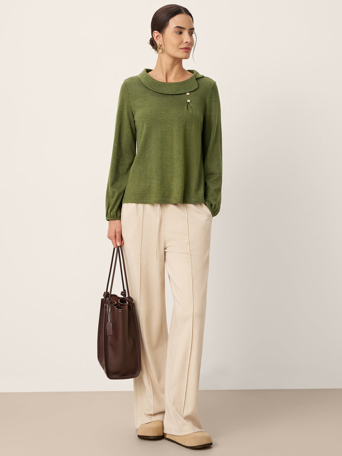 Wool Blend Asymmetric Pleated Long Sleeve Top