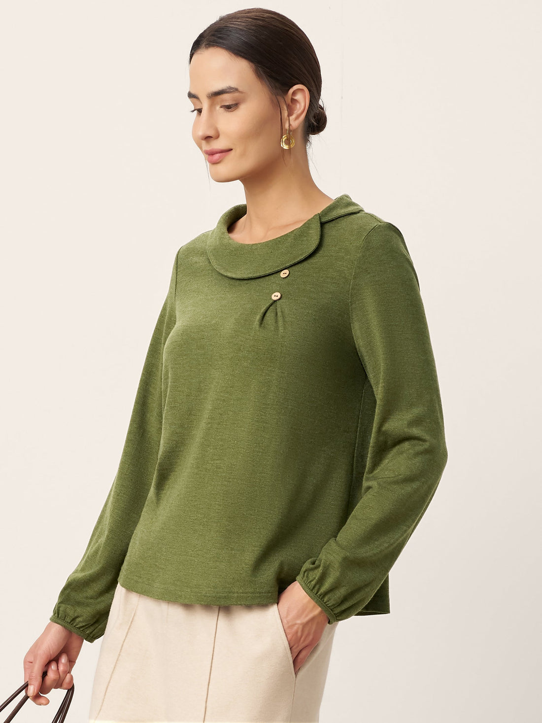 Wool Blend Asymmetric Pleated Long Sleeve Top