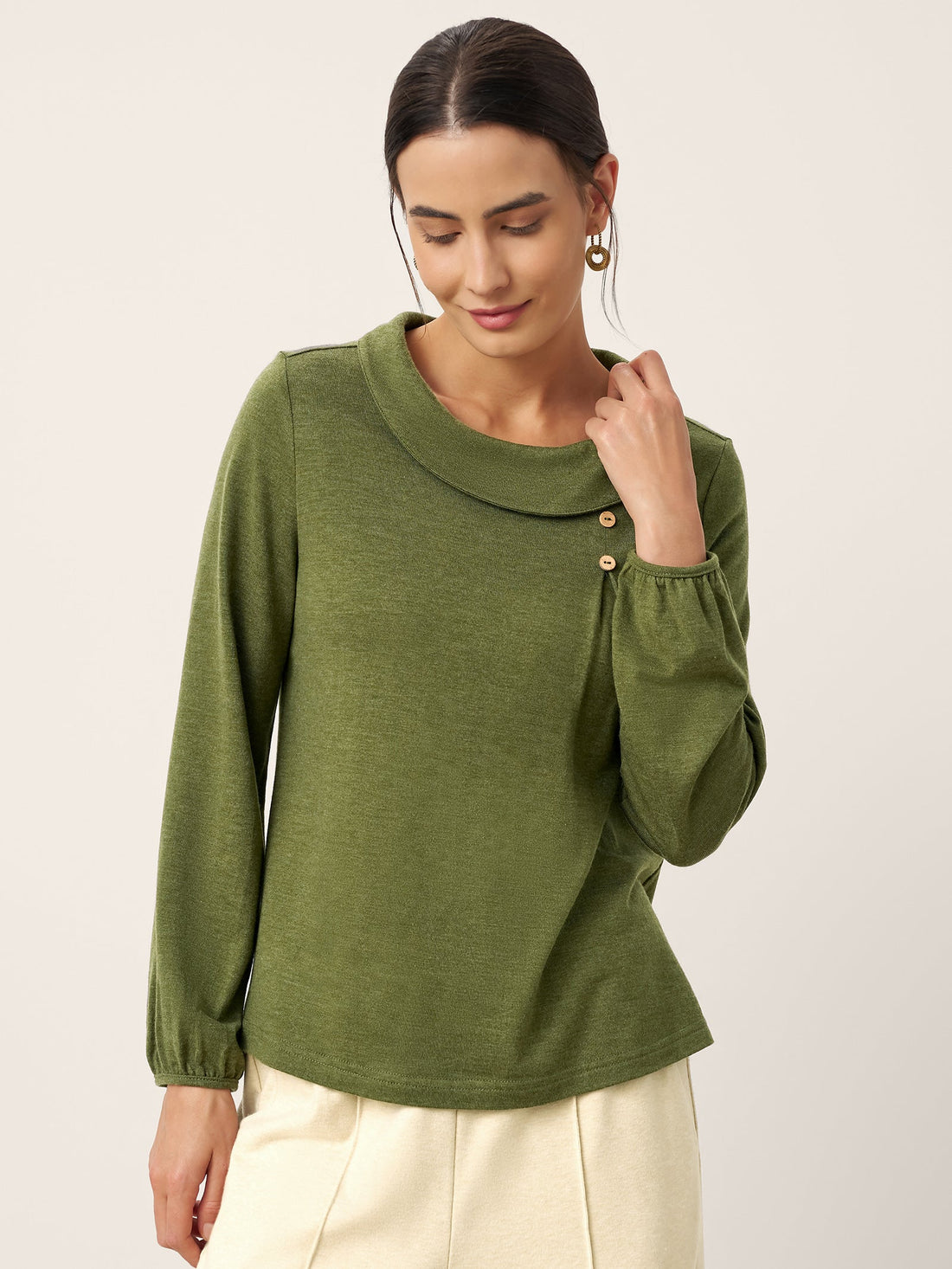 Wool Blend Asymmetric Pleated Long Sleeve Top