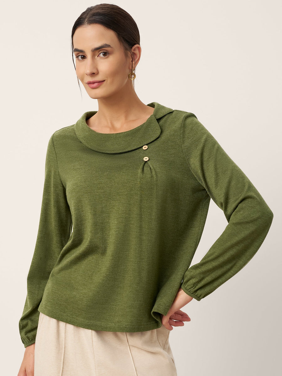 Wool Blend Asymmetric Pleated Long Sleeve Top