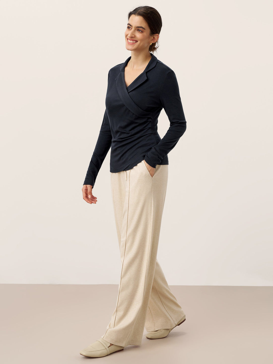 Wool Blend Pleated Stand Collar Jersey Top