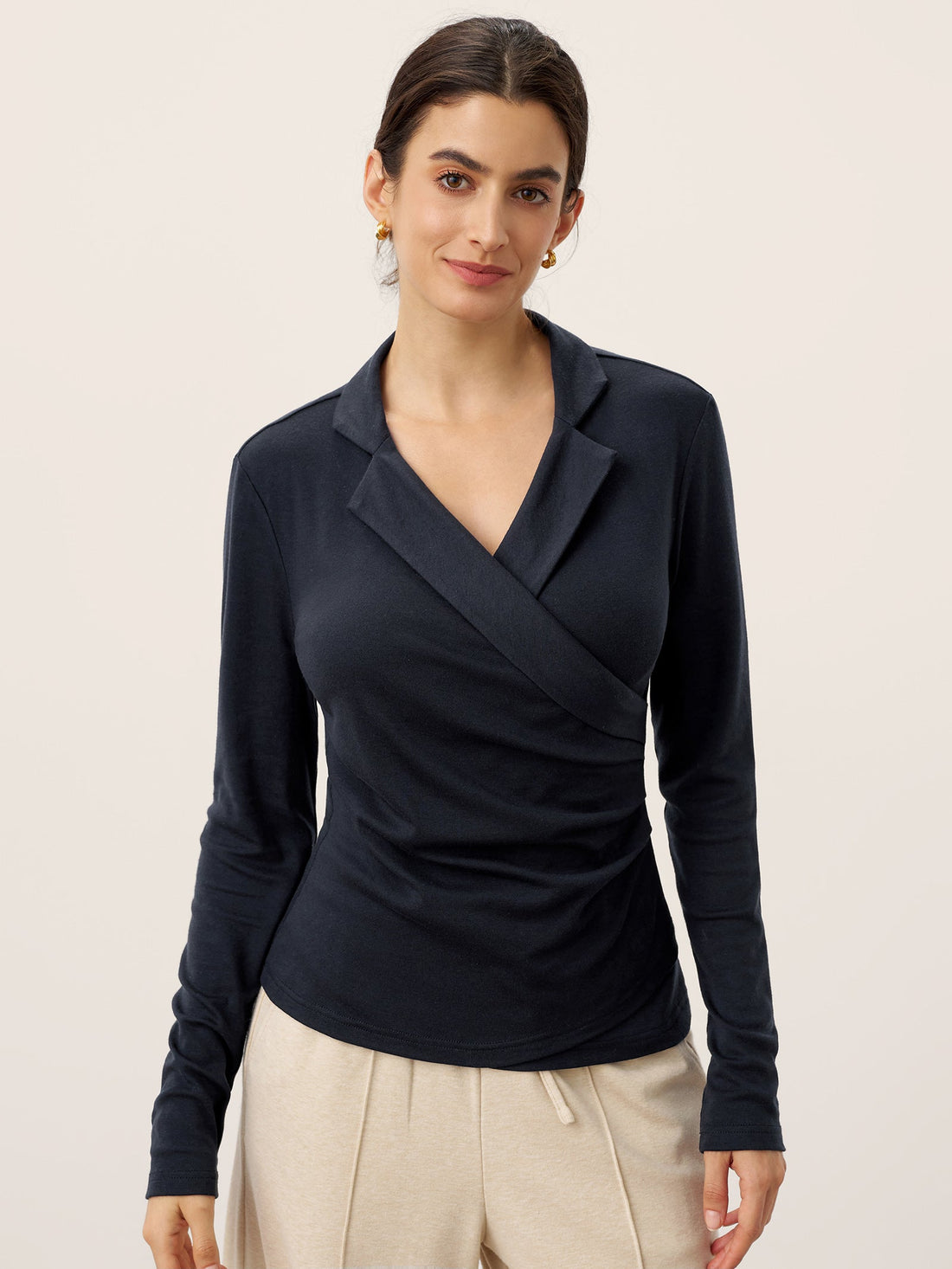 Wool Blend Pleated Stand Collar Jersey Top