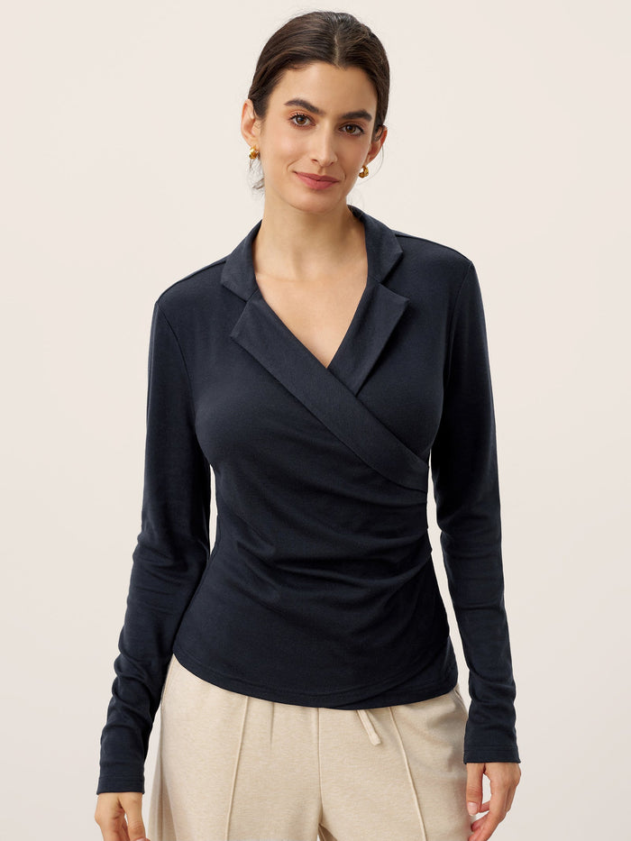 Wool Blend Pleated Stand Collar Jersey Top