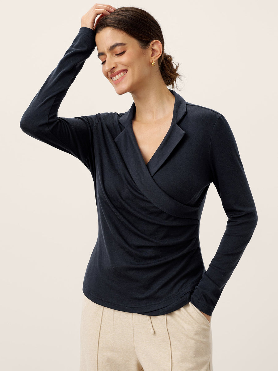 Wool Blend Pleated Stand Collar Jersey Top