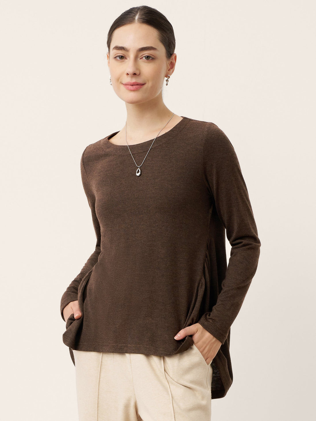 Wool Blend Ruched Boat Neck Top
