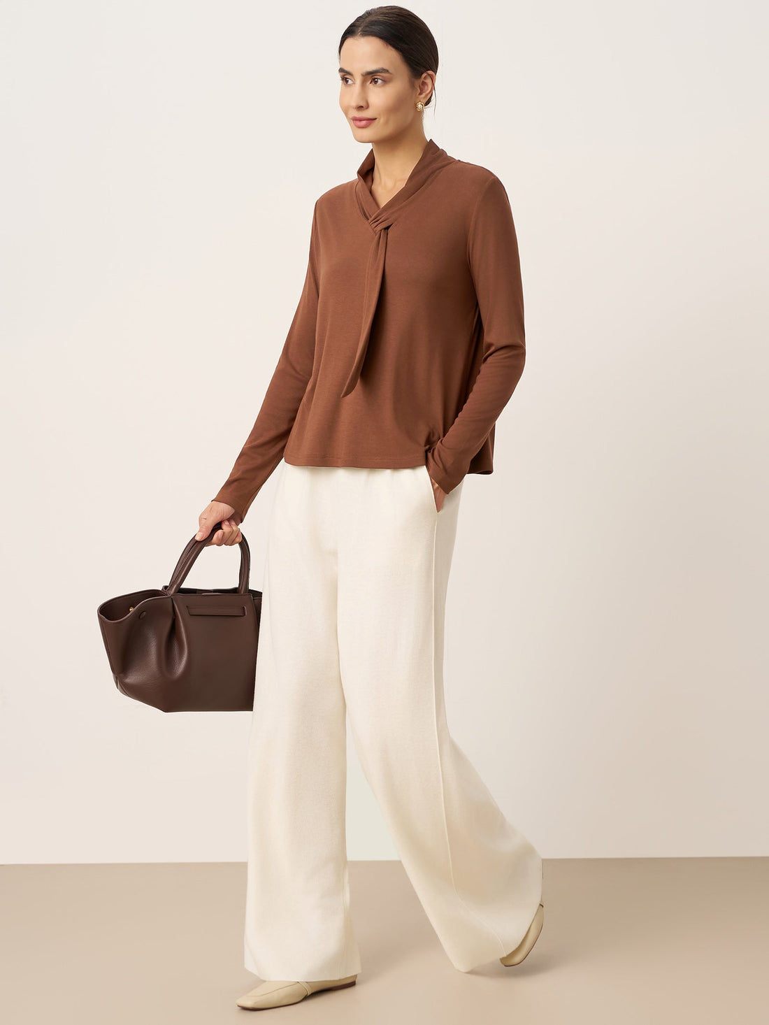 Wool V-Neck Long Sleeve Jersey Top
