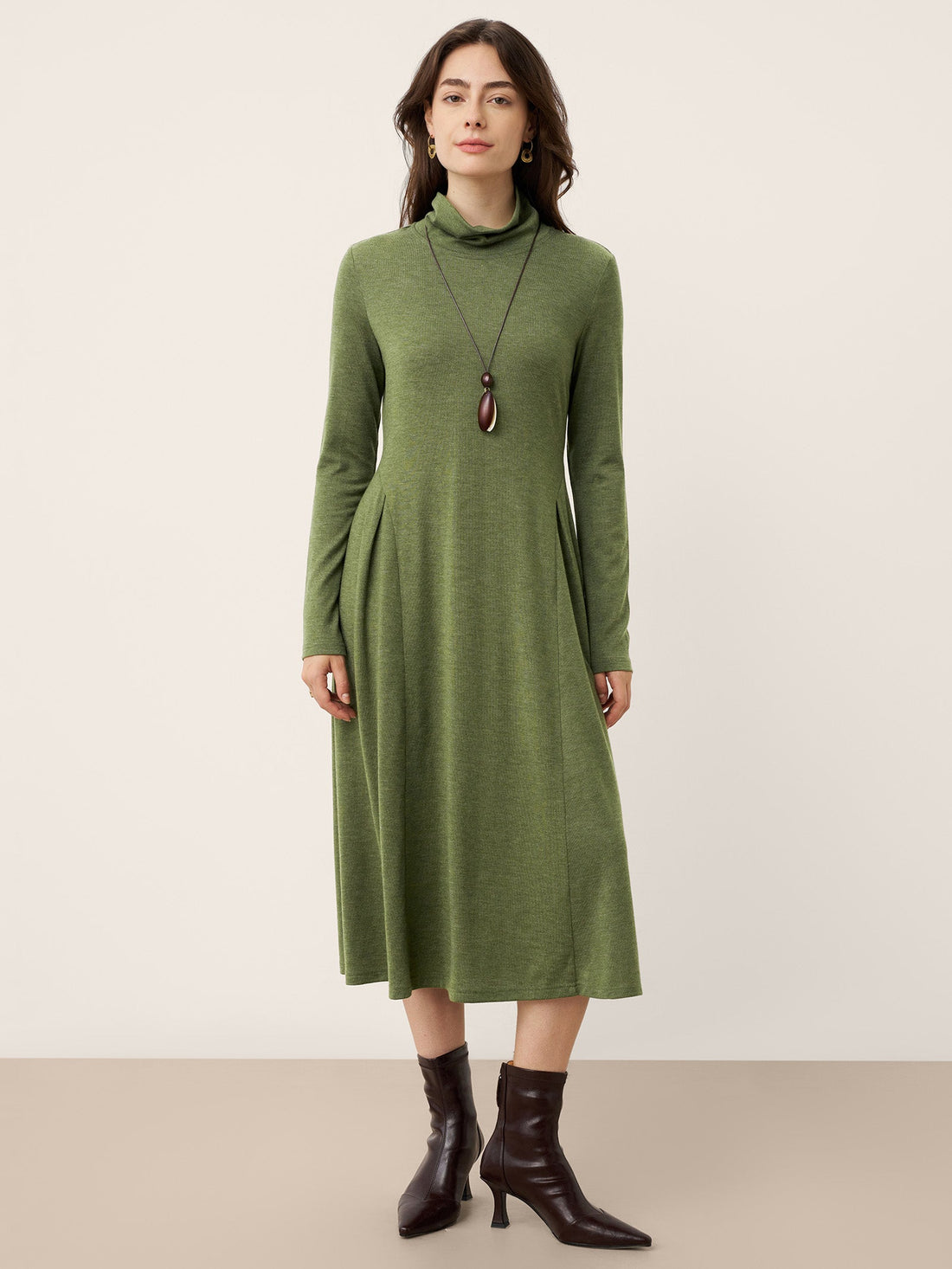 Wool Blend Pleated Midi Dress with Long Sleeves