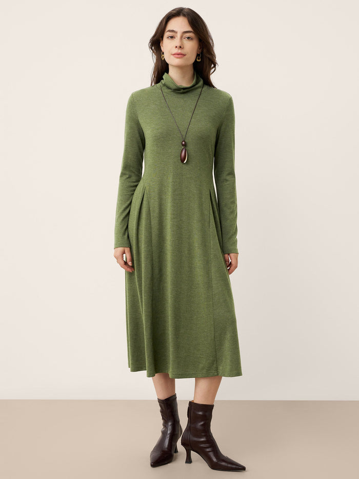 Wool Blend Pleated Midi Dress with Long Sleeves