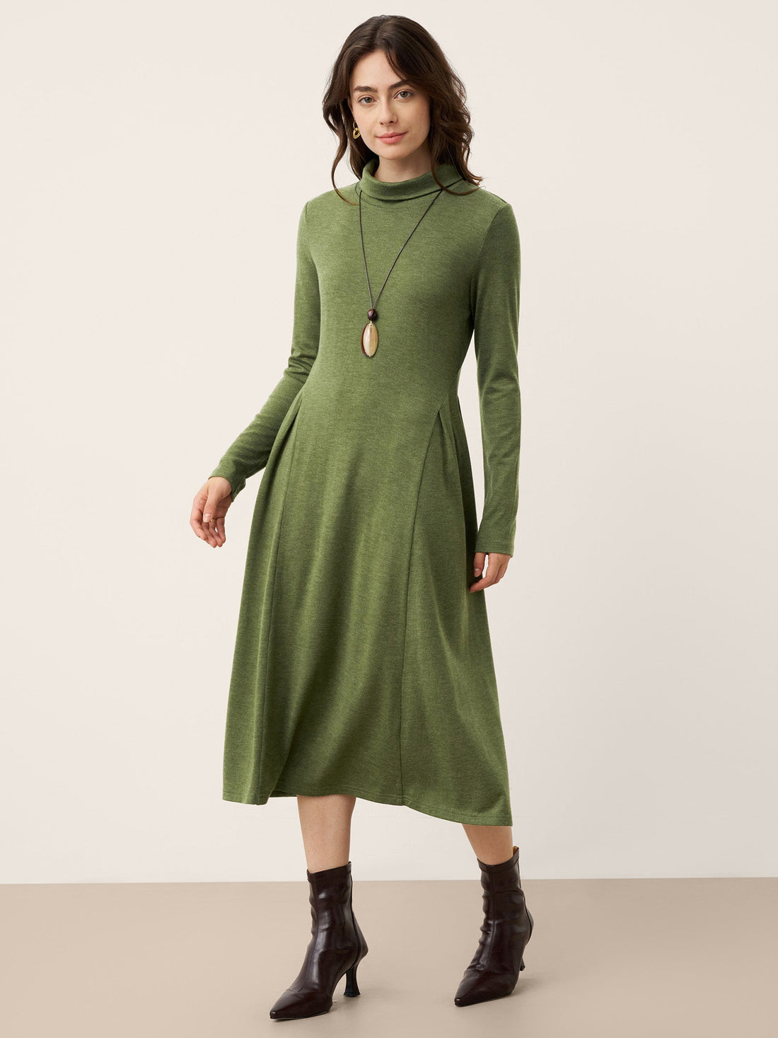 Wool Blend Pleated Midi Dress with Long Sleeves