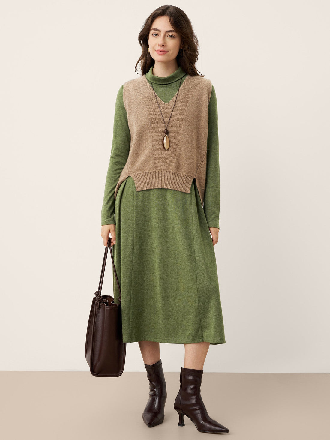 Wool Blend Pleated Midi Dress with Long Sleeves