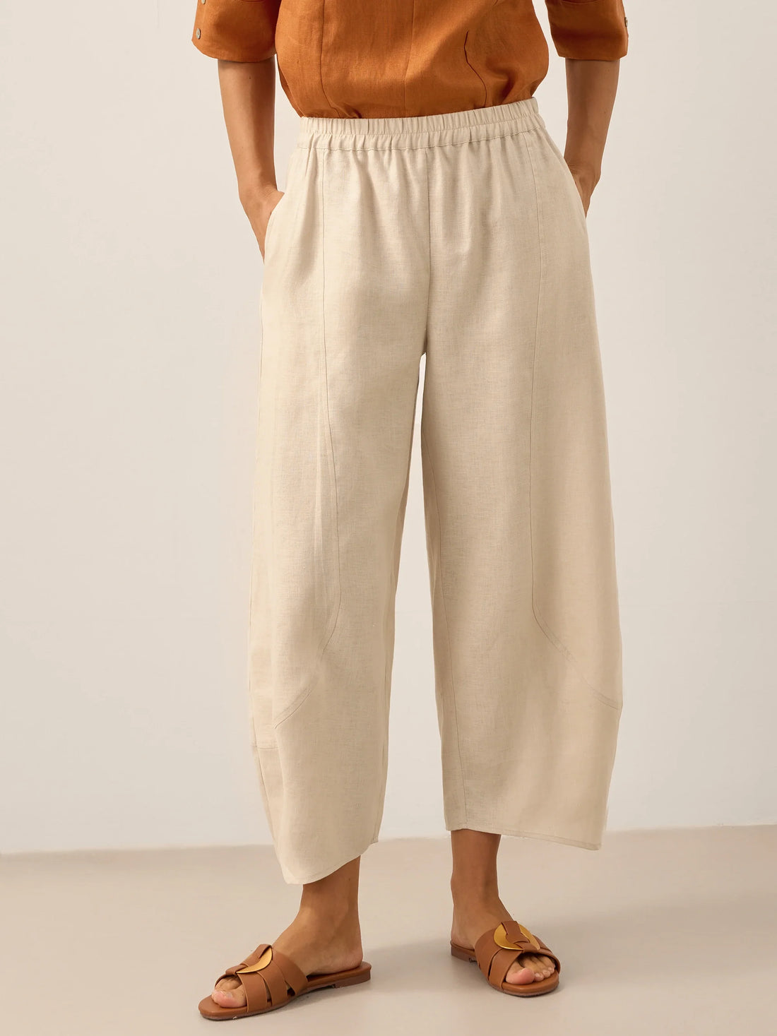 100% Linen Wide-Leg Elastic Waist Pants