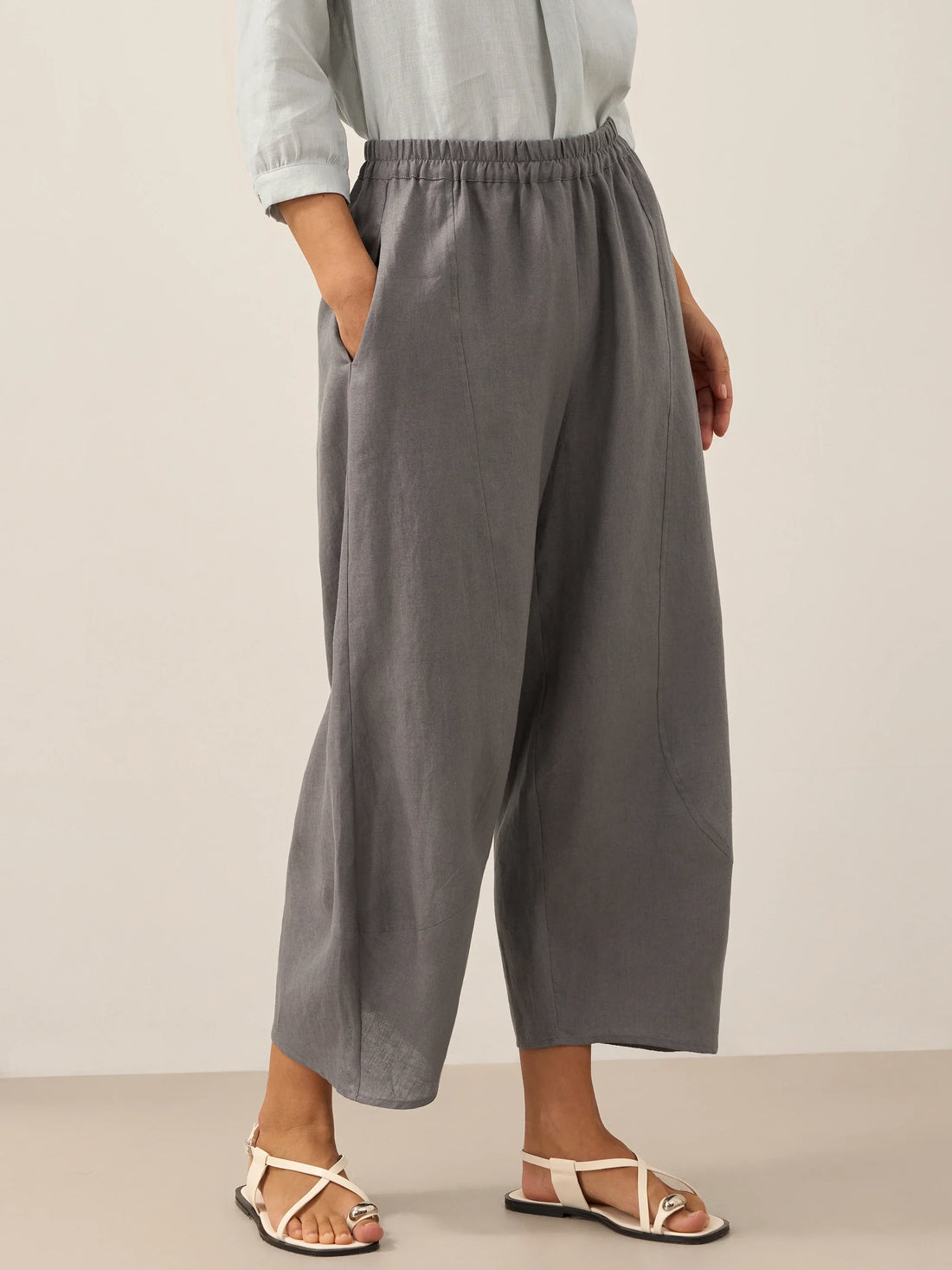 100% Linen Wide-Leg Elastic Waist Pants