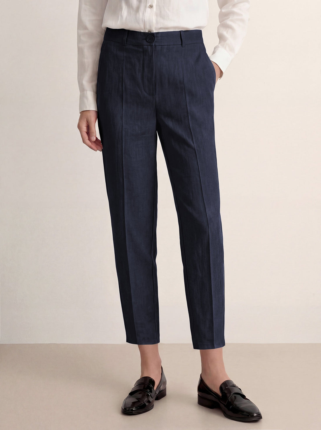 Linen Blend Tailored Straight-Leg Pants