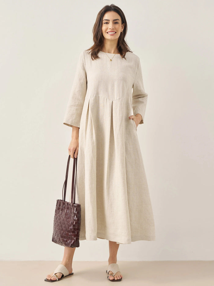 100% Linen Ruched Three-Quarter Sleeve Midi Dress