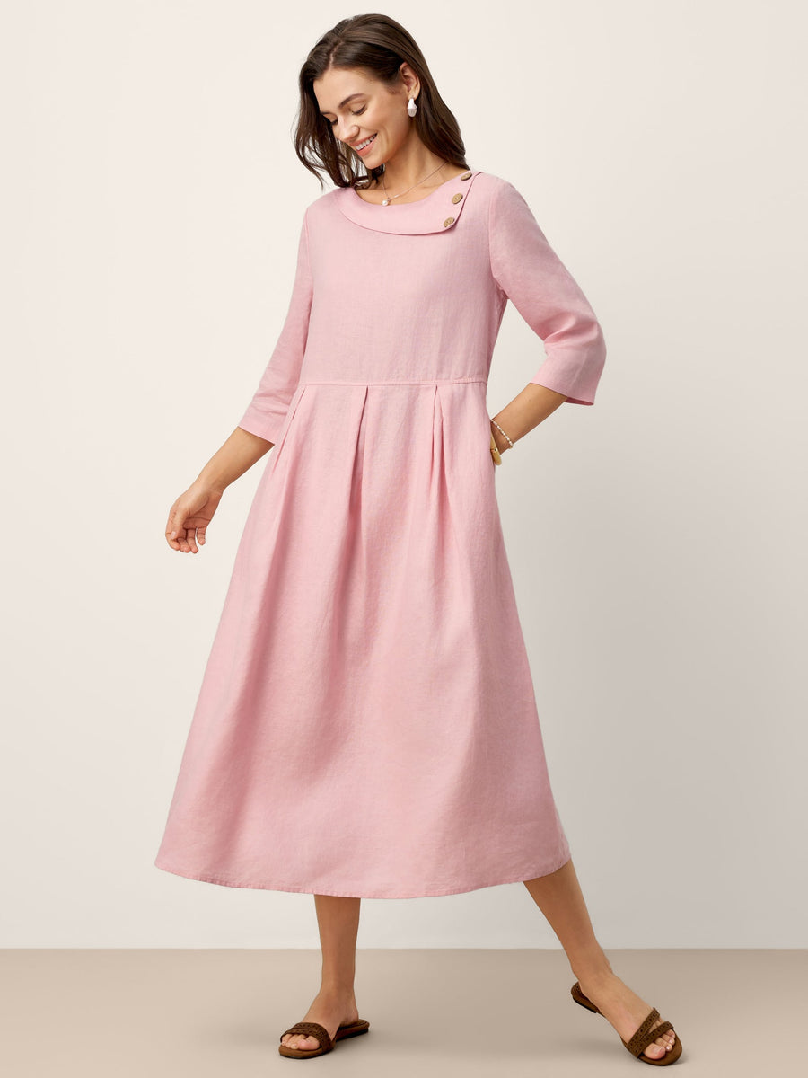 100% Linen Pocketed Three-Quarter Sleeve Midi Dress