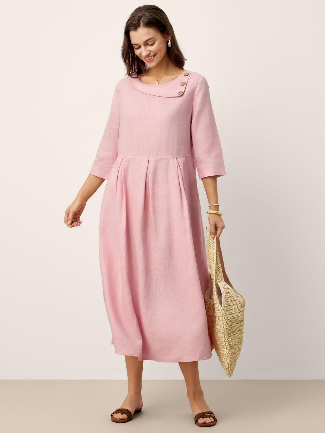 100% Linen Pocketed Three-Quarter Sleeve Midi Dress